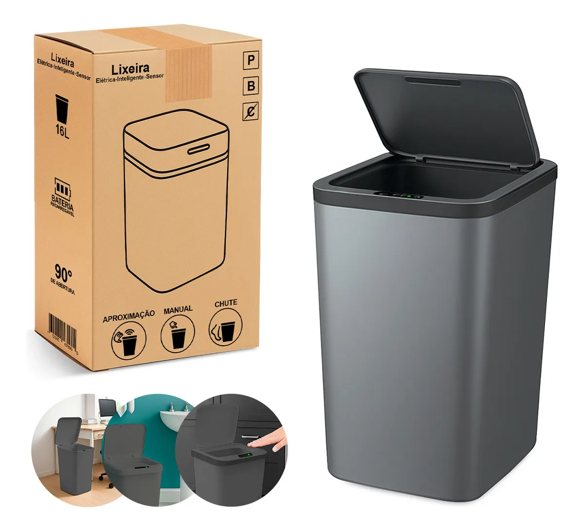 Solução curada: Lixeira Inteligente Automática Cinza Universal Com Sensor ORIGEMCLARA Recarregável Anti Odor 16L